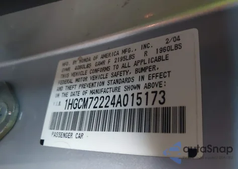 2004 Honda Accord 2.4 Lx z USA, uszkodzony, nr VIN 1HGCM72224A015173